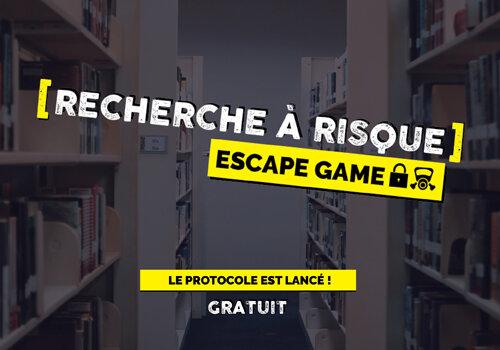 Recherche à risques ! Image d'une bibliothèque avec l'inscription "recherche à risques, escape game"