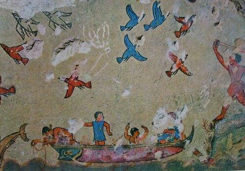 Tombe de la chasse et de la pêche de Tarquinia, paroi du fond de la seconde chambre, d'après Pallotino 1952 Peintures murales représentant une scène de pêche et de chasse