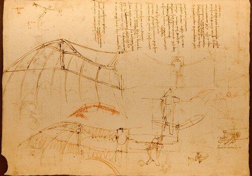 Dessin de Léonard de Vinci qui s'est inspiré des ailes d'oiseaux pour imaginer une machine volante à ailes battantes