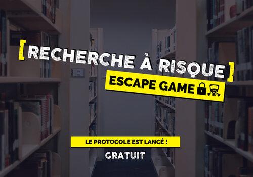 Visuel Recherche à risque Visuel de l'escape game, sur fond de rayonnages de livres