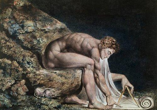 Blake représente le physicien anglais sous les traits d'un Apollon musclé, jouant de son compas, souvenir d'un rêve d'enfant du savant anglais.