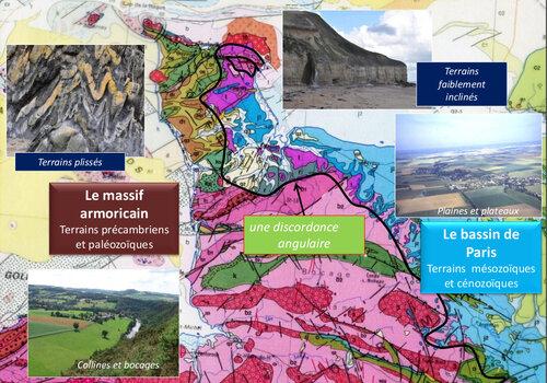 Carte géologique de la Normandie occidentale et vues de sites spécifiques
