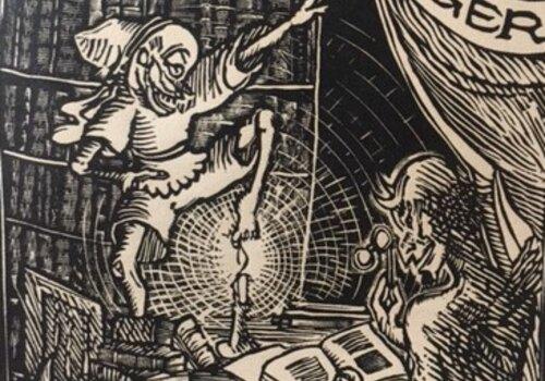 Ex-libris Représentation d'une bibliothèque et de trois lecteurs.