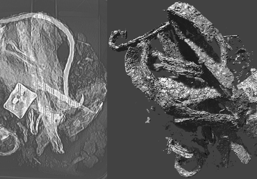 Fouille virtuelle d'un amas métallique par TDM A gauche cliché radiographique de l'amas et à droite reconstruction 3D