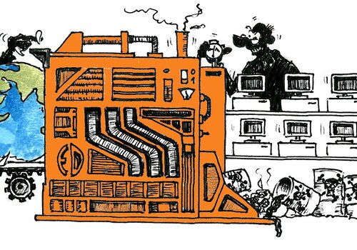 Dessin en longueur montrant une machine (couleur orange) qui transforme des globes terrestres (bleu et vert) qui arrivent sur un tapis roulant, en ordinateurs (noirs). Cette machine produit également des déchets sous forme de boites de conserves portant une tête de mort. Dessin signé Eric Drezet et datant juin 2012