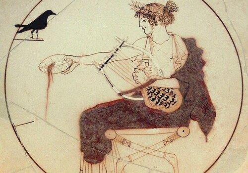 Calice représentant Apollon avec une lyre à 7 cordes, musée de Delphes, 460 av. J C. : Chanter la poésie épique Calice représentant Apollon avec une lyre à 7 cordes, musée de Delphes, 460 av. J C. : Chanter la poésie épique