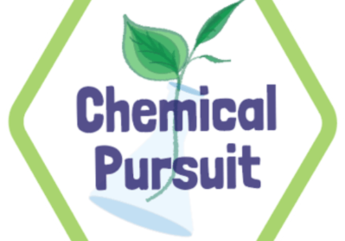 Chemical Pursuit @SU Logo du jeux-une tige avec des feuilles dans une Fiole conique en verre, le titre Chemical Pursuit en gras dans un hexagone vert