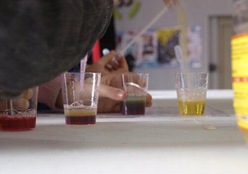 Jeune garçon superposant des liquides de différentes densité à l'aide d'une pipette