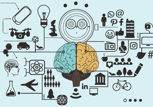 Schéma : un cerveau est entouré de multiples informations 