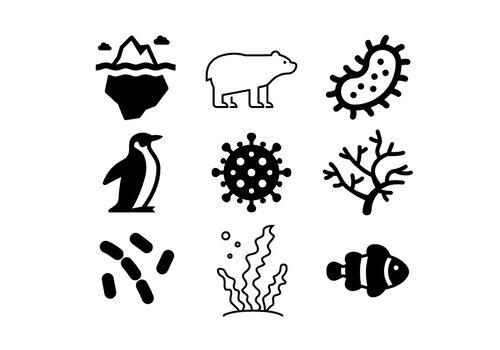 icônes représentant la banquise, le récif et les microorganismes