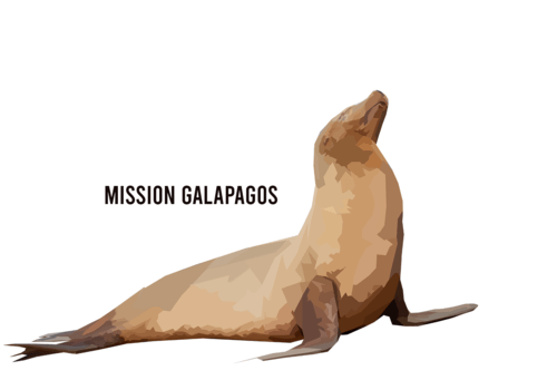Logo de l'exposition sur les Galapagos Une otarie avec le titre "Mission Galapagos"