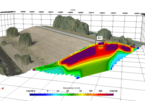 Combinaison d'un modèle de terrain 3D avec une tomographie de résistivité électrique sur digue
