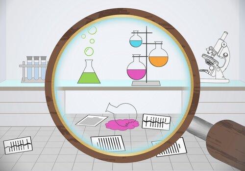 Alerte Climat : L'Énigme du Professeur Dessin d'un laboratoire cambriolé vu à travers une loupe d'enquêteur