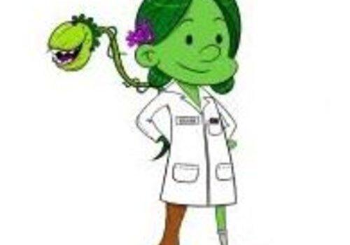 Illustration de la mascotte des Scientivores représentée par une petite fille en blouse avec sur son épaule une plante.