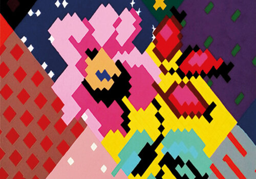 Karina Bisch, Les Diagonales, 2020, © Courtesy de l'artiste - Adagp, Paris 2022 Peinture Les Diagonales de Karina Bisch créée en 2020, une grande fleur couleurs vives sur fond de patchwork de tissus colorés disposés en bandes diagonales