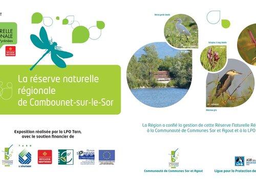 Première page de l'exposition Réserve Naturelle Régionale de Cambounet sur le Sor, avec notamment la présentation des partenaires ayant contribué à l'exposition ainsi que quelques photos d'animaux et paysages de la Réserve. 