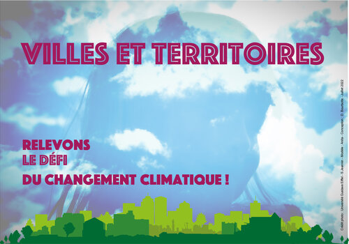 Affiche titrée Villes et Territoires  relevons le défi du changement climatique - fond d'image avec profil tete enfant et nuages, bas du visuel silhouette de ville de couleur verte