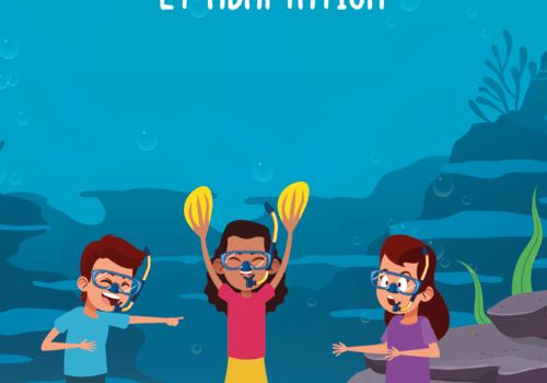 Affiche de l'atelier sur le changement climatique et les adaptations (des enfants qui sont au fond de l'eau)