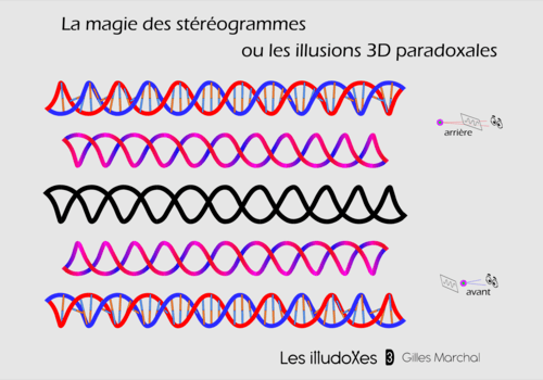 Stéréogramme d'un brin d'ADN : une hélice 3D prend vraiment forme en louchant devant celle du haut ou en regardant "à travers" celle du bas. Les illudoxes 3D