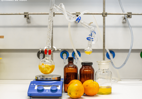 Ecorces d'orange et chimie durable Montage d'hydrodistillation de l'écorce d'orange pour extraire le limonène