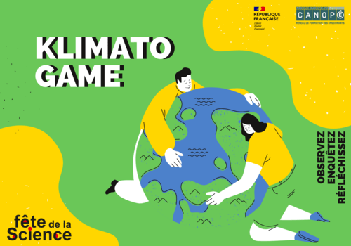 affiche avec titre klimato game et deux personnes autour de la Terre