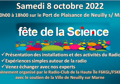 Fete de la Science le samedi 8 octobre 2022 de 10h00 à 18h00 sur le Port de Plaisance de Neuilly sur Marne (93330)