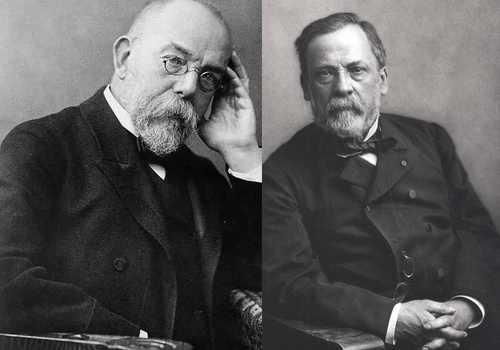 Portrait de Robert Koch par Wilhelm Fechner (à gauche) et portrait de Louis Pasteur par Paul Nadar (à droite)