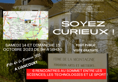 Affiche de la Fête de la Science Soyez curieux ! Descriptif des ateliers proposés sur fond du domaine de Liancourt