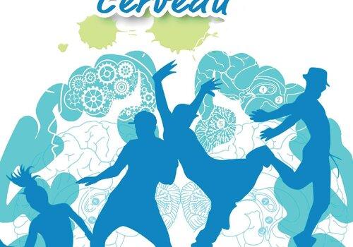 Les Petites Danses Neuronales 3 danseurs et 2 danseuses en mouvement devant un cerveau.