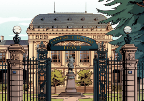 Playdoyer : le jeu défensif Illustration issue du jeu-vidéo Playdoyer montrant l'entrée de l'Université Lumière Lyon 2 - site des quais