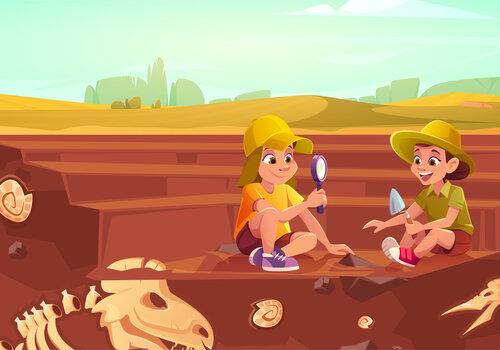enfants-font-fouilles-dinosaures-fossiles-enfants-coiffes-chapeaux-jouent-aux-archeologues-aux-paleontologues-illustration enfants-font-fouilles-dinosaures-fossiles-enfants-coiffes-chapeaux-jouent-aux-archeologues-aux-paleontologues-illustration