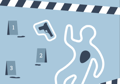Qui a tué Larry ? Illustration montrant les restes d'une scène de crime avec traces d'un cadavre et preuves numérotées