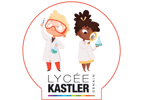 Deux scientifiques au dessus du logo du lycée Alfred Kastler