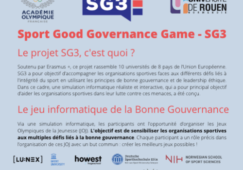 Via une simulation informatique, les participants ont l’opportunité d’organiser les Jeux Olympiques de la Jeunesse (JOJ). L'objectif est de sensibiliser les participants aux multiples défis liés à la bonne gouvernance d’une organisation sportive. Chaque participant a un rôle précis dans l’organisation de ces JOJ avec un but commun : créer les meilleurs JOJ possibles.