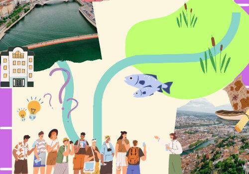 La science au bord de l'eau Illustration symbolique d'un groupe de personnes rejoint par deux cours d'eau, entourés d'images du Rhône et de la Saône