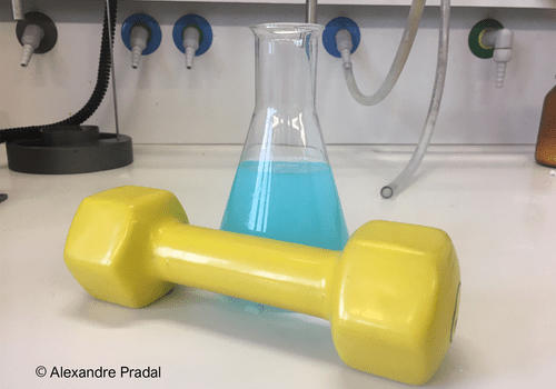 Chimie en mouvement Une petite haltère jaune est posée devant une fiole conique contenant une solution bleu ciel