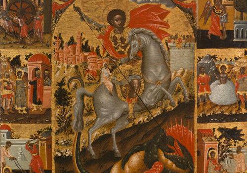 Icone représentant Saint Georges terrassant le dragon et scènes de sa vie