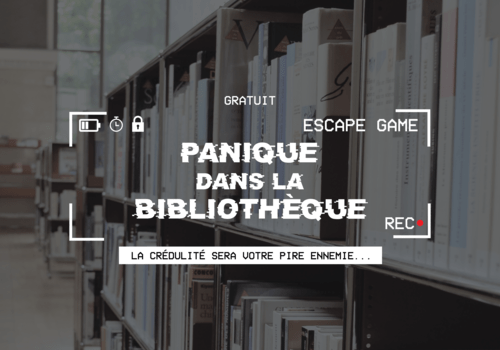 Panique dans la bibliothèque Image imitant une prise de vue de caméra avec le texte "Panique dans la bibliothèque".