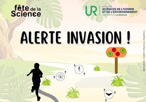 visuel de l'animation "alerte invasion" silhouette d'enfant courant dans un paysage avec des animaux, des plantes et des points d'interrogation