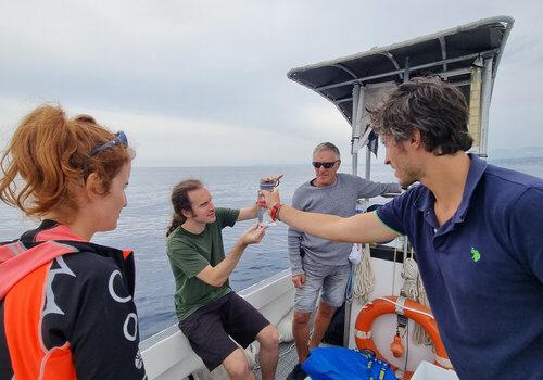 Collecte de Plancton en Méditerranée Charlotte Le Kieffre, postdoc dans le groupe de recherche de Johan Decelle (à gauche), Richard Paul Jacoby, (au milieu) et Johan Decelle, chef d'équipe LPCV (CNRS/CEA/UGA/INRAe), collaborateur externe de Yannick Schwab (à l'extrême droite) ; l'homme aux lunettes de soleil était le conducteur du bateau. Ils collectent des échantillons lors de l'expédition pilote TREC dans la station marine de Villefranche-sur-mer. Photo prise le 14 septembre 2021 par Mylène André.