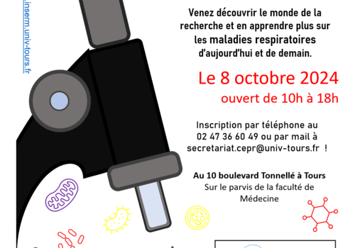 Dans le cadre de la Fête de la Science, le Centre d’Etude des Pathologies respiratoires vous ouvre ses portes le 8 octobre 2024 pour une visite d’une heure au cours de laquelle l’ensemble des 4 équipes aura le plaisir de vous faire découvrir les métiers de la recherche et d’échanger avec vous, au travers d'ateliers thématiques. Inscription par téléphone au 02 47 36 60 49 ou par mail à secretariat.cepr@univ-tours.fr afin de choisir le créneau horaire qui vous convient ! Rendez-vous au 10 boulevard Tonnellé