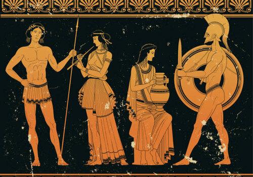 Escape Campus Dessin sur poterie de l'antiquité Grec ou l'on voi un homme avce une lance, une femme qui joue de la flute, une autre femme ui tien une jare et un homme portant un haume, un bouclier et une épée.