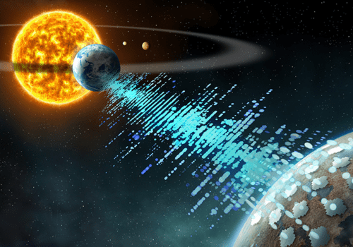 Vue d'artiste de la Terre écoutée par une civilisation extraterrestre. Vue d'artiste. Au premier plan une exoplanète, au second plan le Soleil et la Terre orbitant autour. Des ondes radio provenant de la Terre sont reçue par des recepteurs sur l'exoplanète.