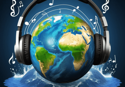 Terre avec un casque audio, entourée de notes de musique