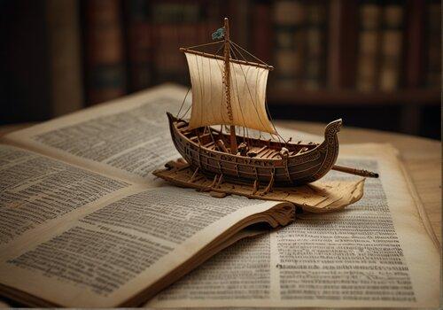 L'odyssée des mots grecs Maquette de bateau grecque en bois, sur des vieux livres manuscrit ouverts..