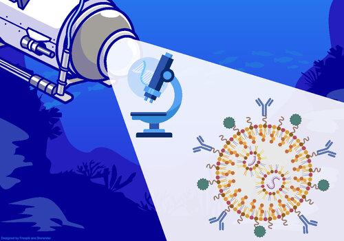 Entré dans le monde nanométrique Un sous-marin éclaire un microscope montrant le monde nanométrique