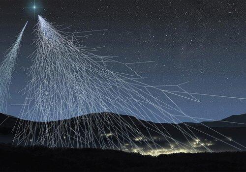 Vue artistique d'une gerbe atmosphérique crée par une particule venue de l'espace Vue artistique d'une gerbe atmosphérique