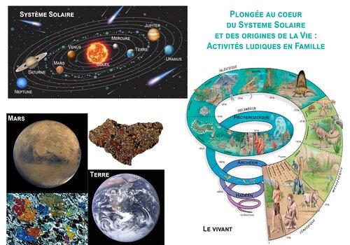 Plongée au cœur du système solaire et des origines de la vie : activités ludiques en famille. A travers 3 ateliers-jeux, venez découvrir le système solaire, les roches martiennes et terrestres, et l’apparition de la vie sur Terre. Le premier atelier vous permettra de (re)découvrir le Système Solaire à travers une maquette géante où vous serez les planètes. Le second atelier, vous permettra de découvrir les différentes théories de l’origine de la Vie et son évolution au cours des temps géologiques. Enfin, vous pourrez toucher des « roches martiennes » et les comparer aux roches terrestres.