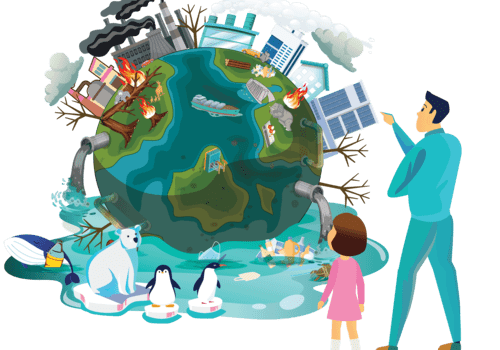 les effets des pollutions et du réchauffement climatique sur la planète un père et sa fille observent les effets des pollutions et du réchauffement climatique sur la planète