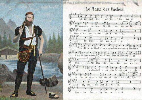 une carte postale de l'hymne suisse des bergers : "Le Ranz des vaches" traditionnellement en patois. Archives sonores